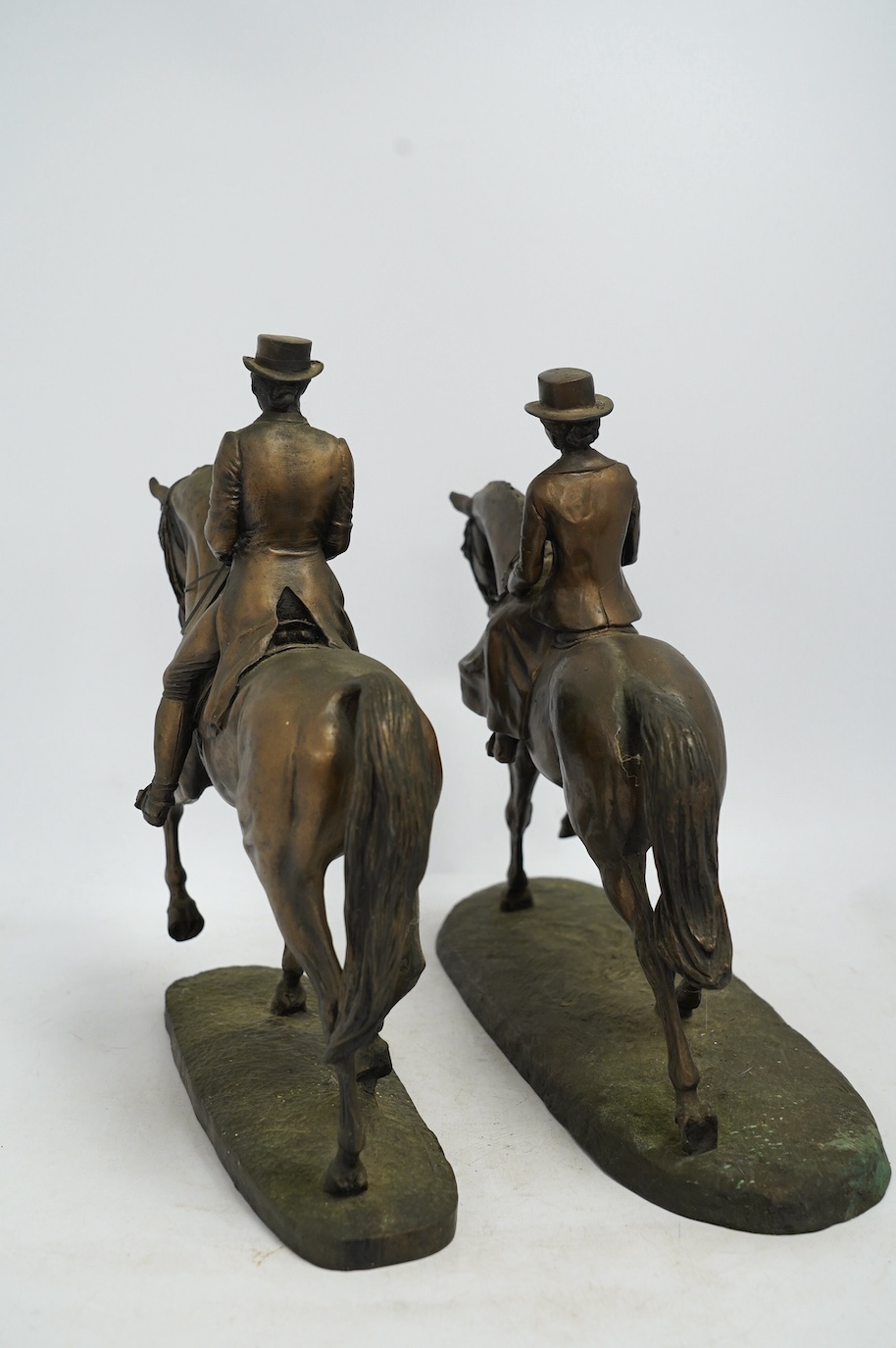 Harriet Glen and David Crenty, two cold cast resin bronze equestrian groups, 32cm wide. Condition - good